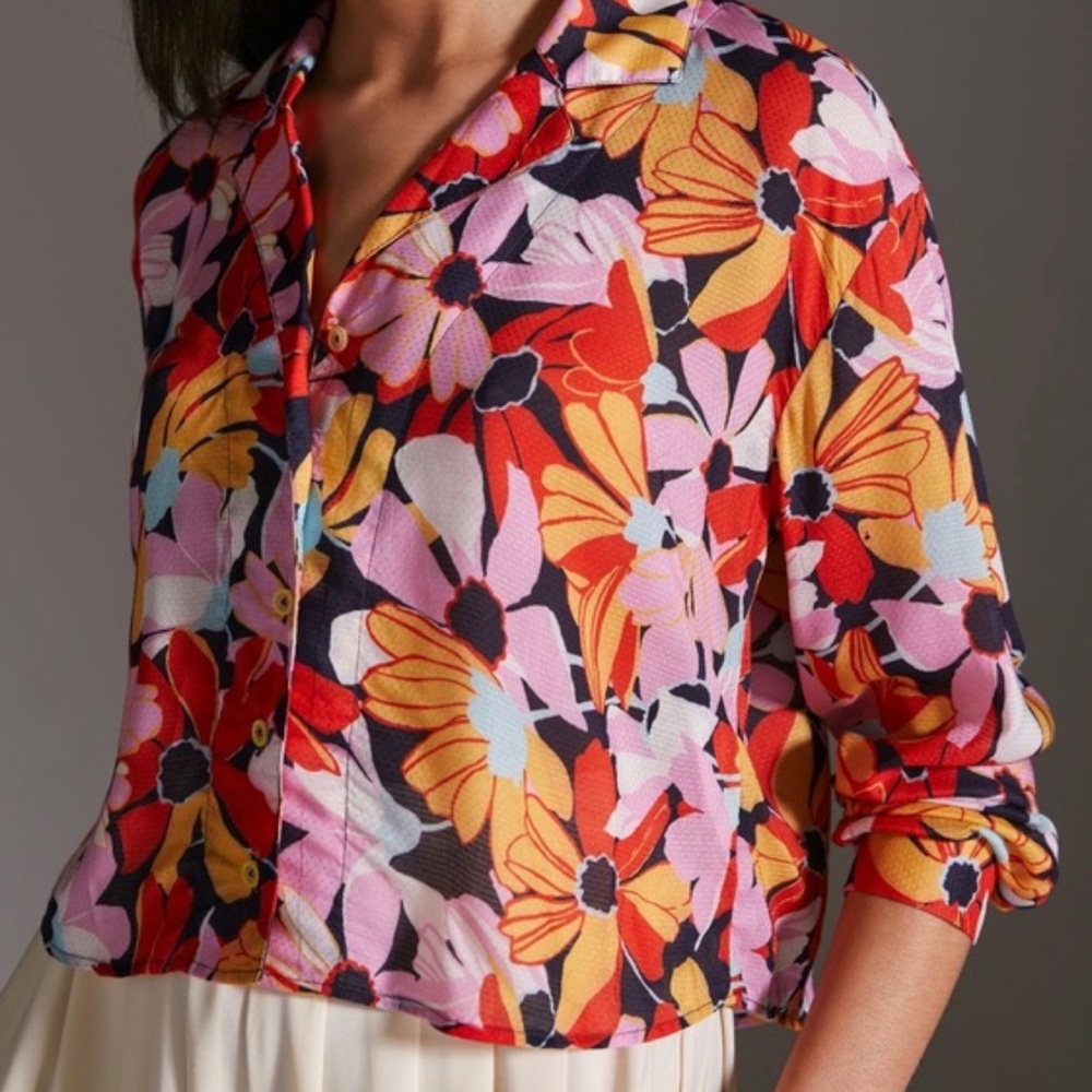 Anthropologie Maeve Boxy Cropped Floral Button Down